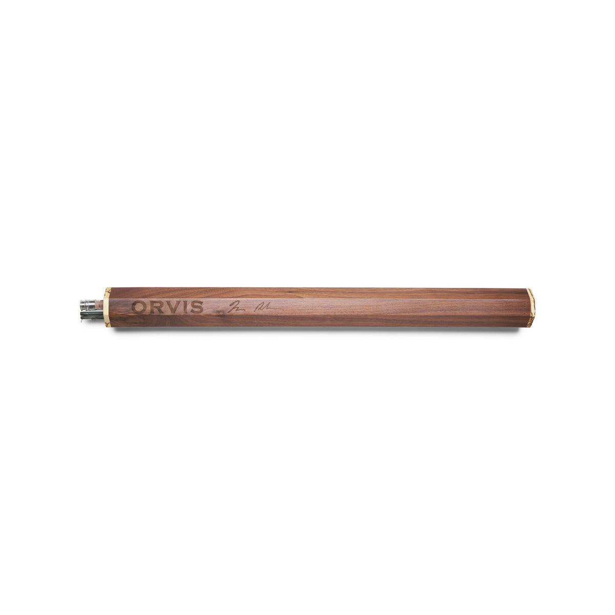 Stained maple burl wood rod tube by Wayward Trading Post engraved with Orvis and the Tom Rosenbauer signature