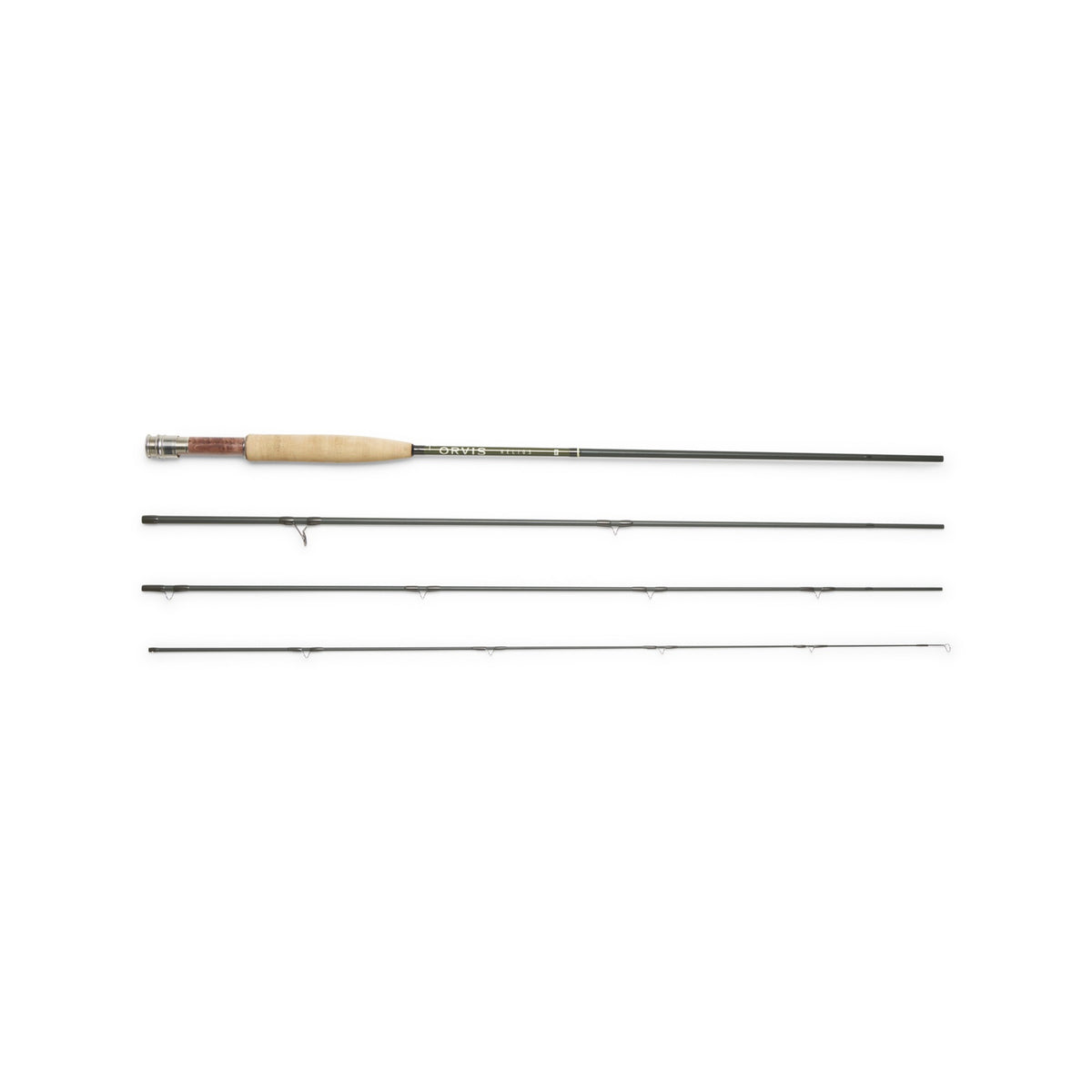 Four sections of the Orvis Helios F Rosenbauer Edition 9ft 4wt fly rod laid side by side