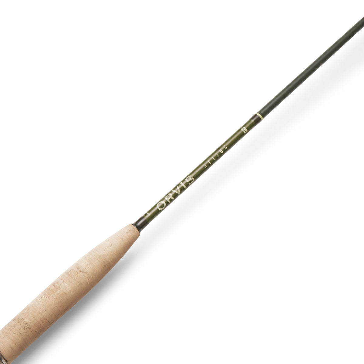 Close-up of the Orvis Helios F Rosenbauer Edition olive blank with Helios F lettering above the cigar cork grip