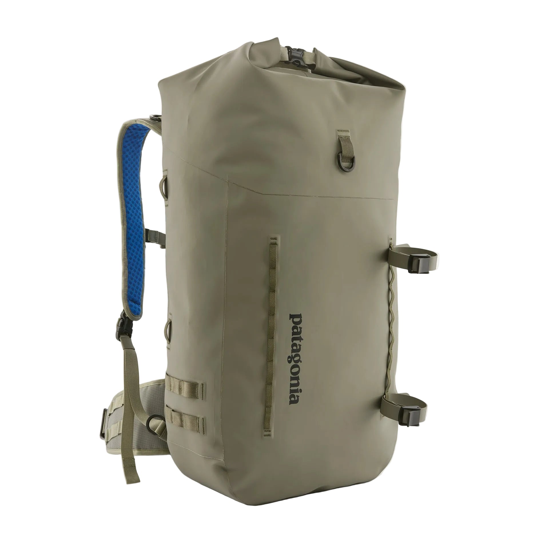 Olive green Patagonia roll-top pack with waterproof coated fabric, vertical logo, blue mesh shoulder straps and hip belt