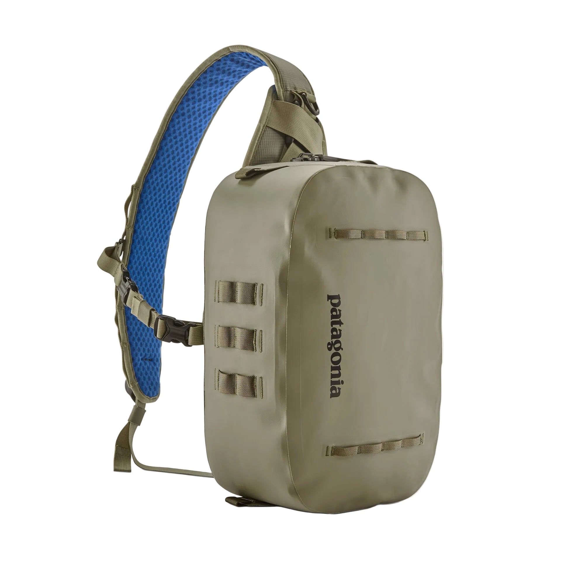 Olive green Patagonia Guidewater Switch Pack with waterproof shell, MOLLE webbing and blue mesh padded sling strap