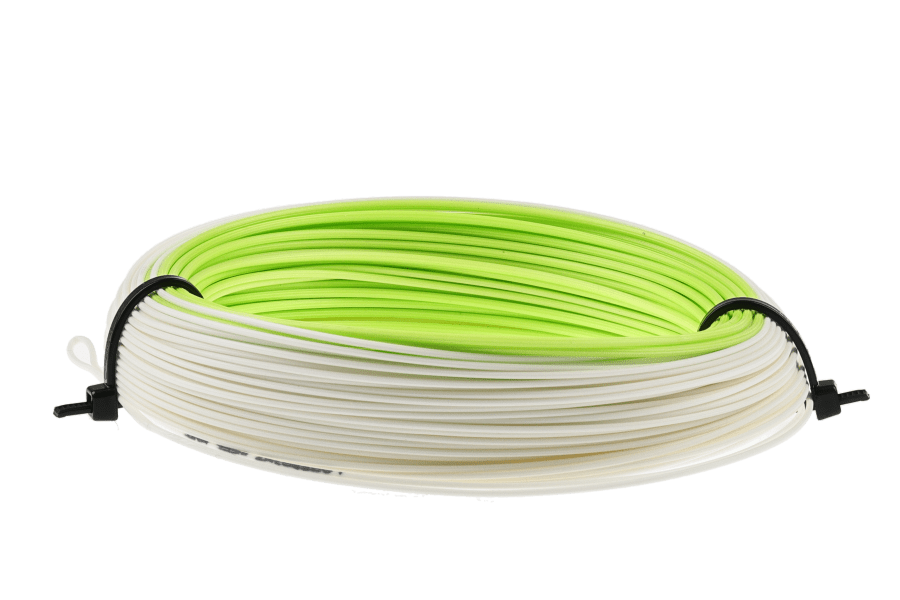 Airflo Superflo Max fly line coiled with white body and bright green front taper, secured by black ties on white background