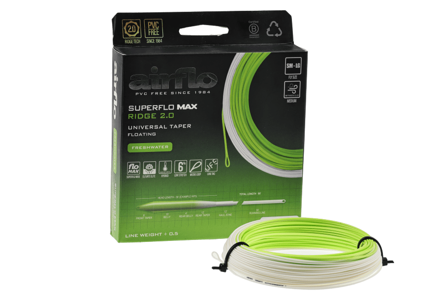 Airflo Superflo Max Ridge 2.0 floating fly line, lime green and white coil beside its green product box, freshwater