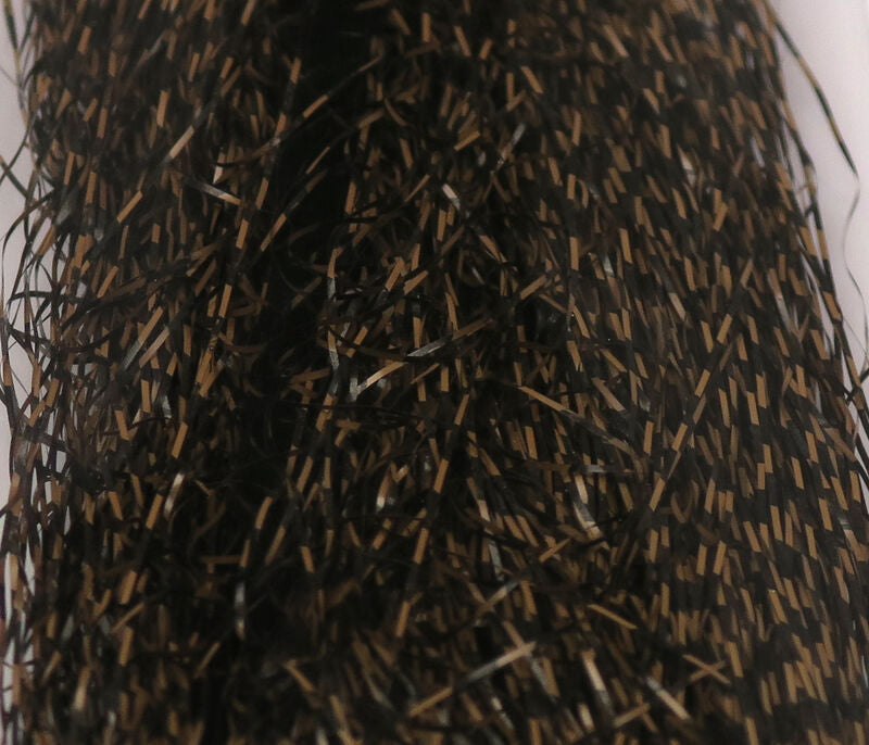 Hareline micro black-barred Voodoo synthetic fibers for fly tying, dense black strands with fine tan barred highlights