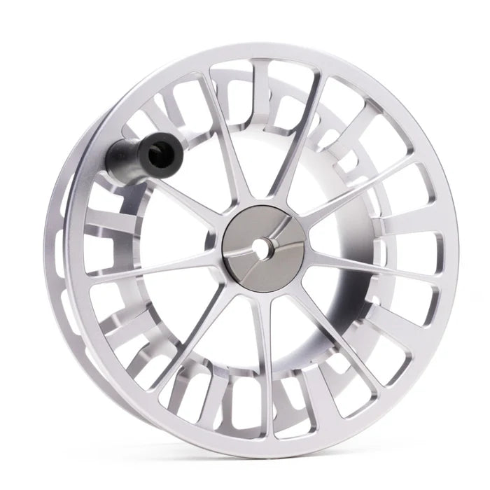 Lamson spare spool, silver machined alloy large-arbor reel with skeletonized spokes and black handle knob