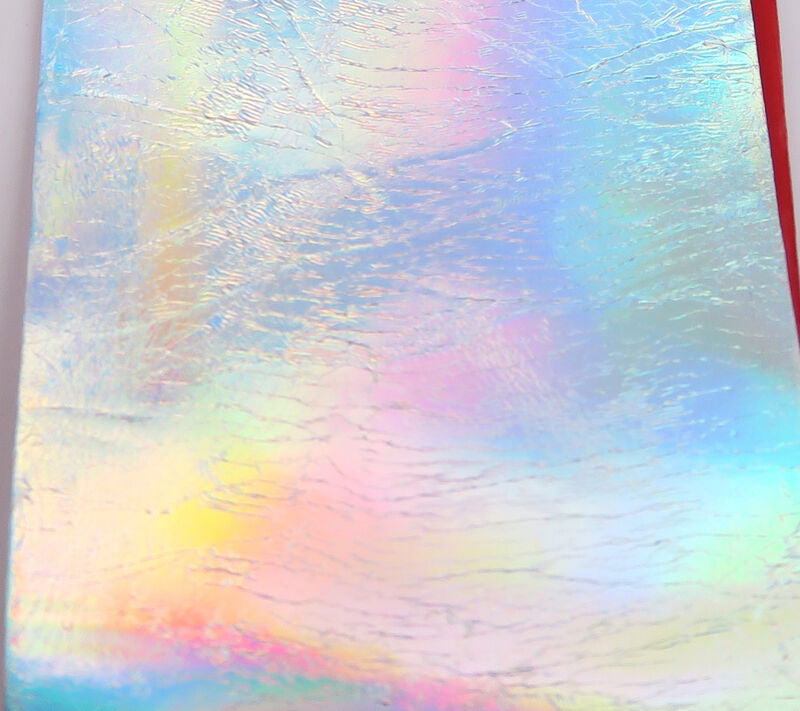 Iridescent holographic Sili Skin sheet with pastel rainbow sheen and subtle wrinkled texture for fly tying