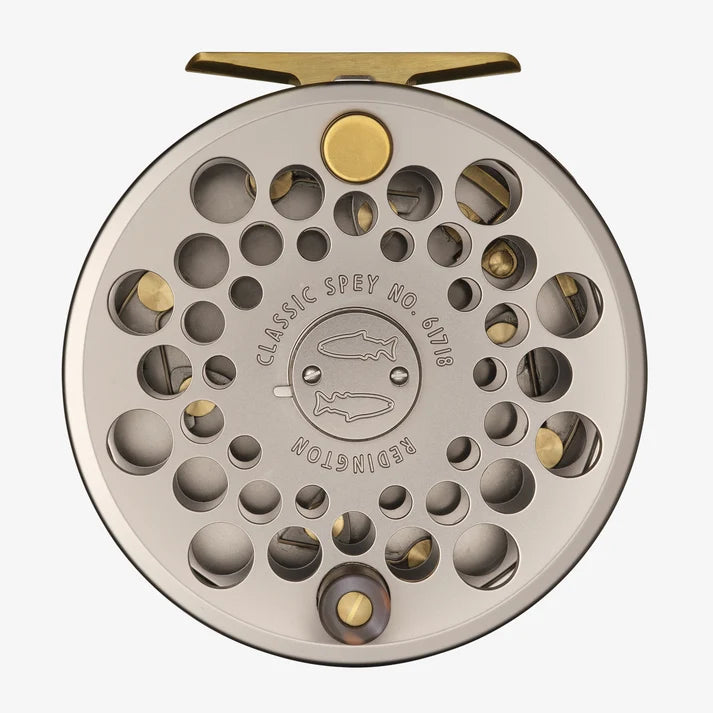Redington Classic Spey spare spool, matte silver aluminum with round perforations, brass-gold accents and engraved fish logo