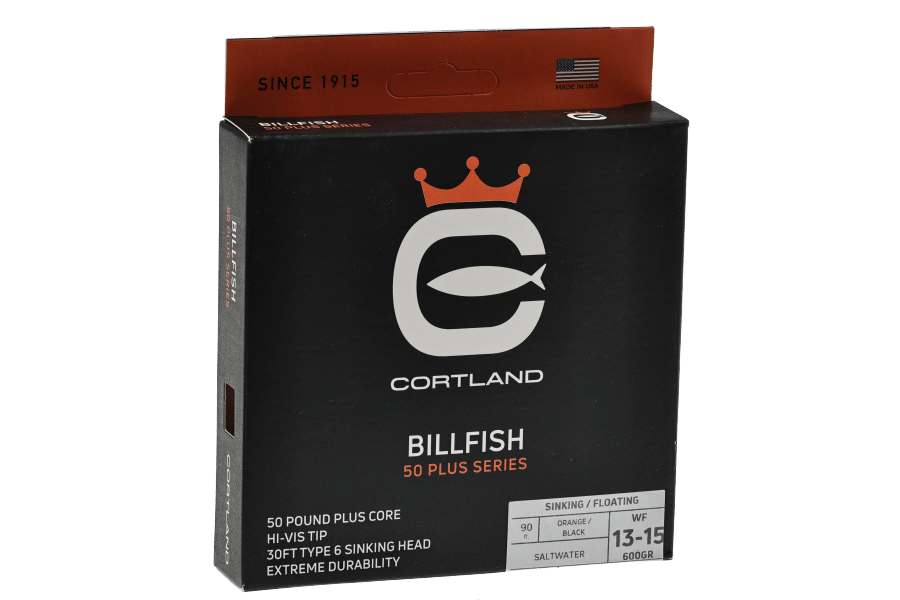 Cortland Billfish 50 Plus saltwater fly line box, black packaging with orange crown logo and 13-15 WF 600GR sinking/floating