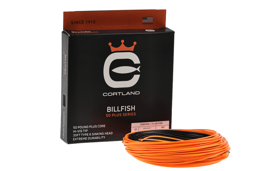 Cortland Billfish 50 Plus fly line coiled in bright orange and black beside its black retail box with orange crown logo