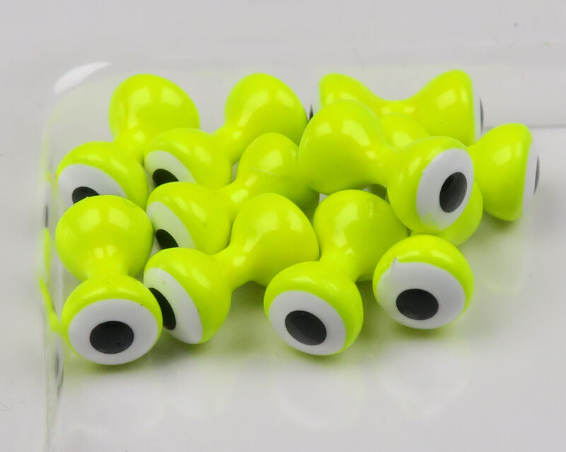 Glossy chartreuse double-pupil brass eyes for fly tying, dumbbell-shaped with white ring and black pupil