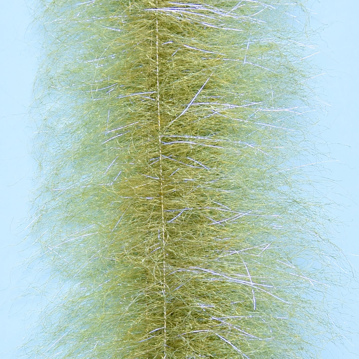 Olive green Enrico Puglisi Shrimp Dub brush with fine synthetic fibers and silver tinsel strands for fly tying