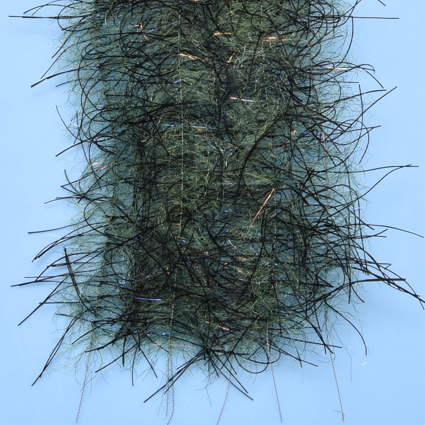 Olive-green tarantula hairy legs fly tying brush with long black rubber legs and iridescent tinsel fibers
