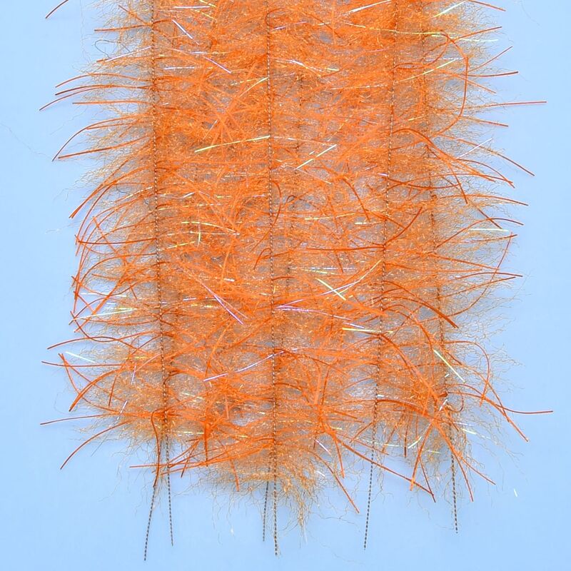 Orange Tarantula hairy-legs brush with synthetic fuzzy fibers and iridescent tinsel strips for fly tying
