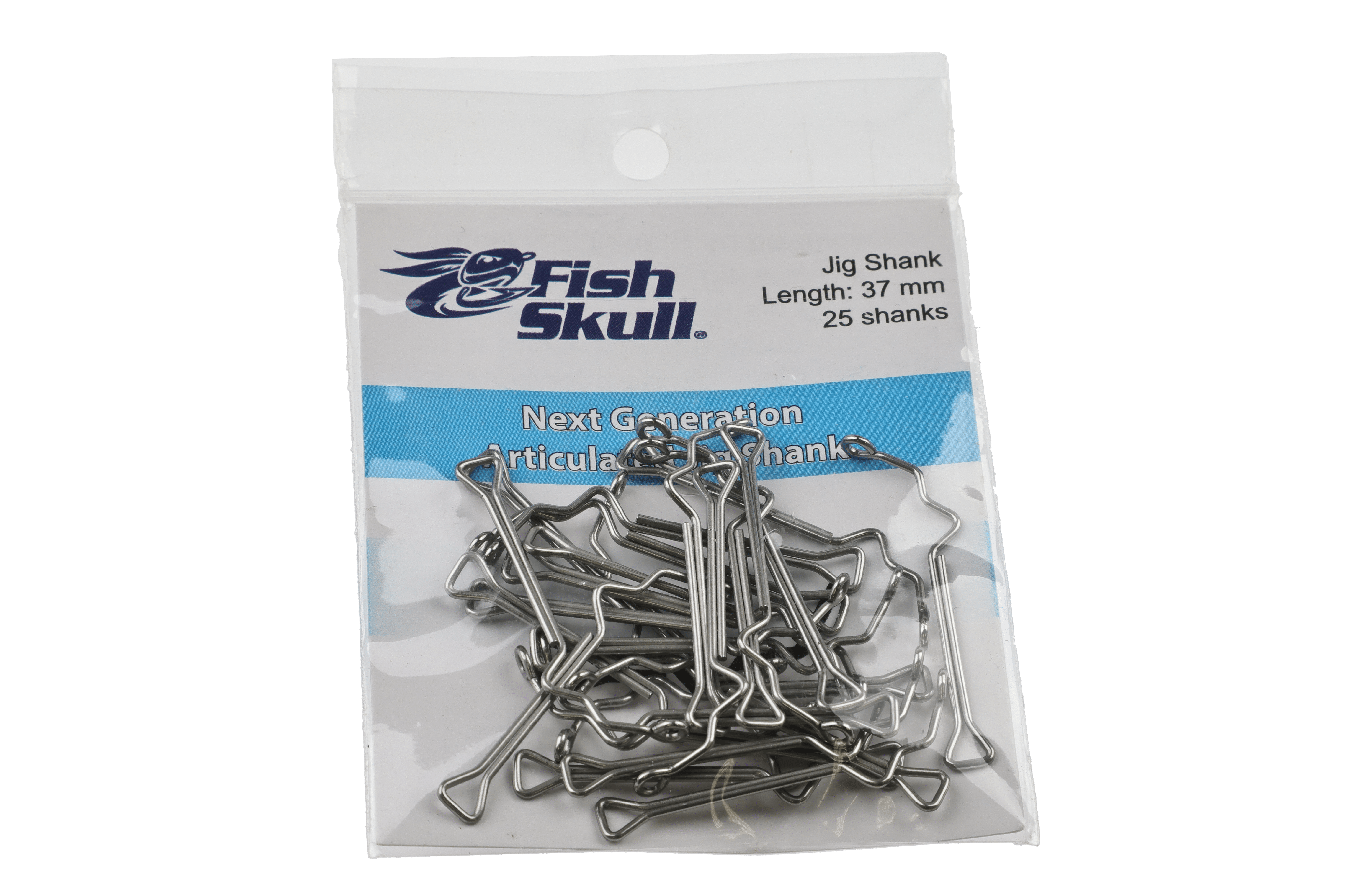 Clear plastic bag of silver stainless steel 60-degree articulated jig shanks Fish-Skull with blue label 37mm fly tying