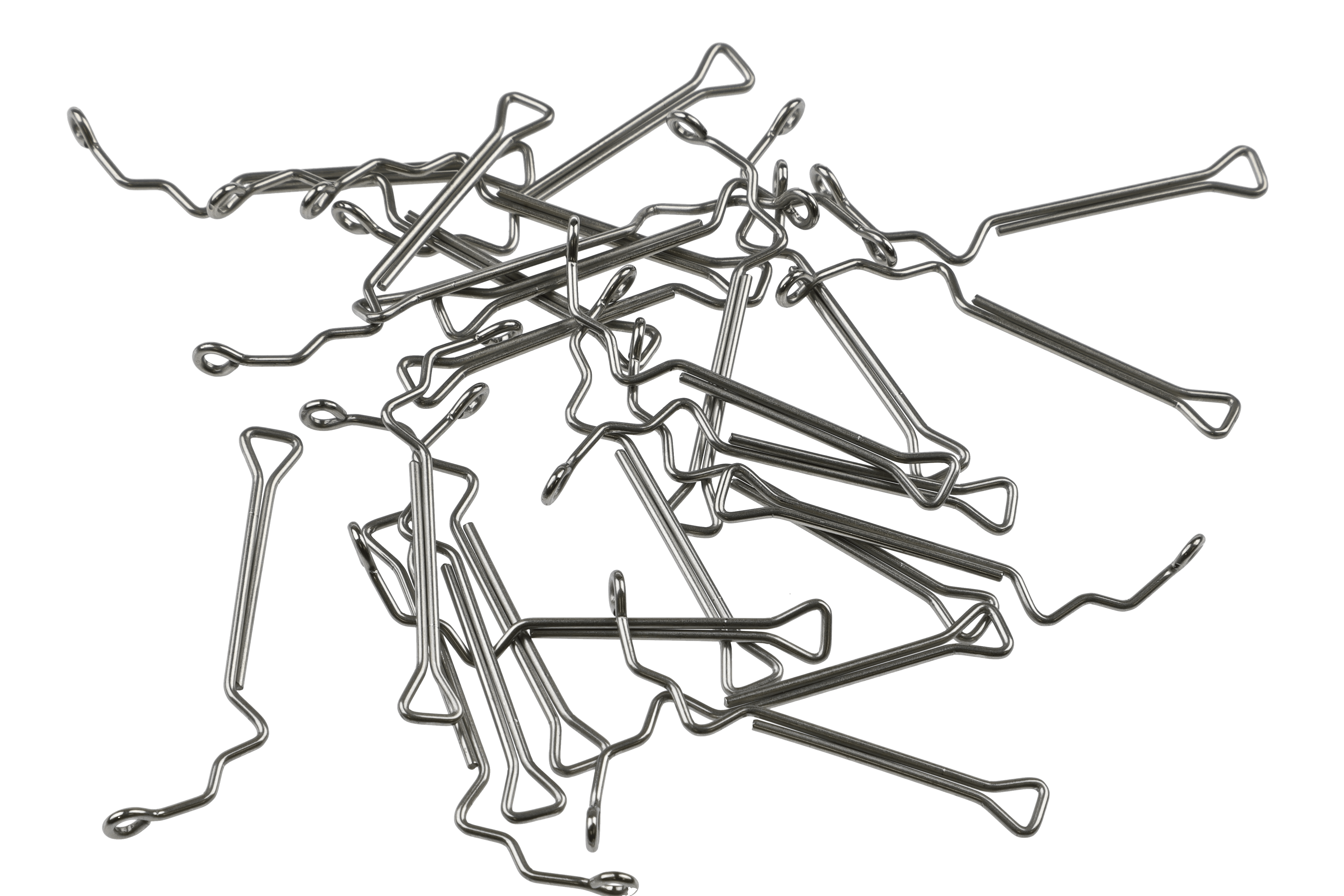 Pile of silver stainless steel Fish-Skull 60° articulated jig shanks with looped triangle ends and wavy shafts for fly tying