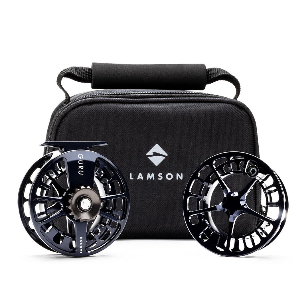 Lamson Guru X black fly reels pair with carrying case, professional fishing reel set