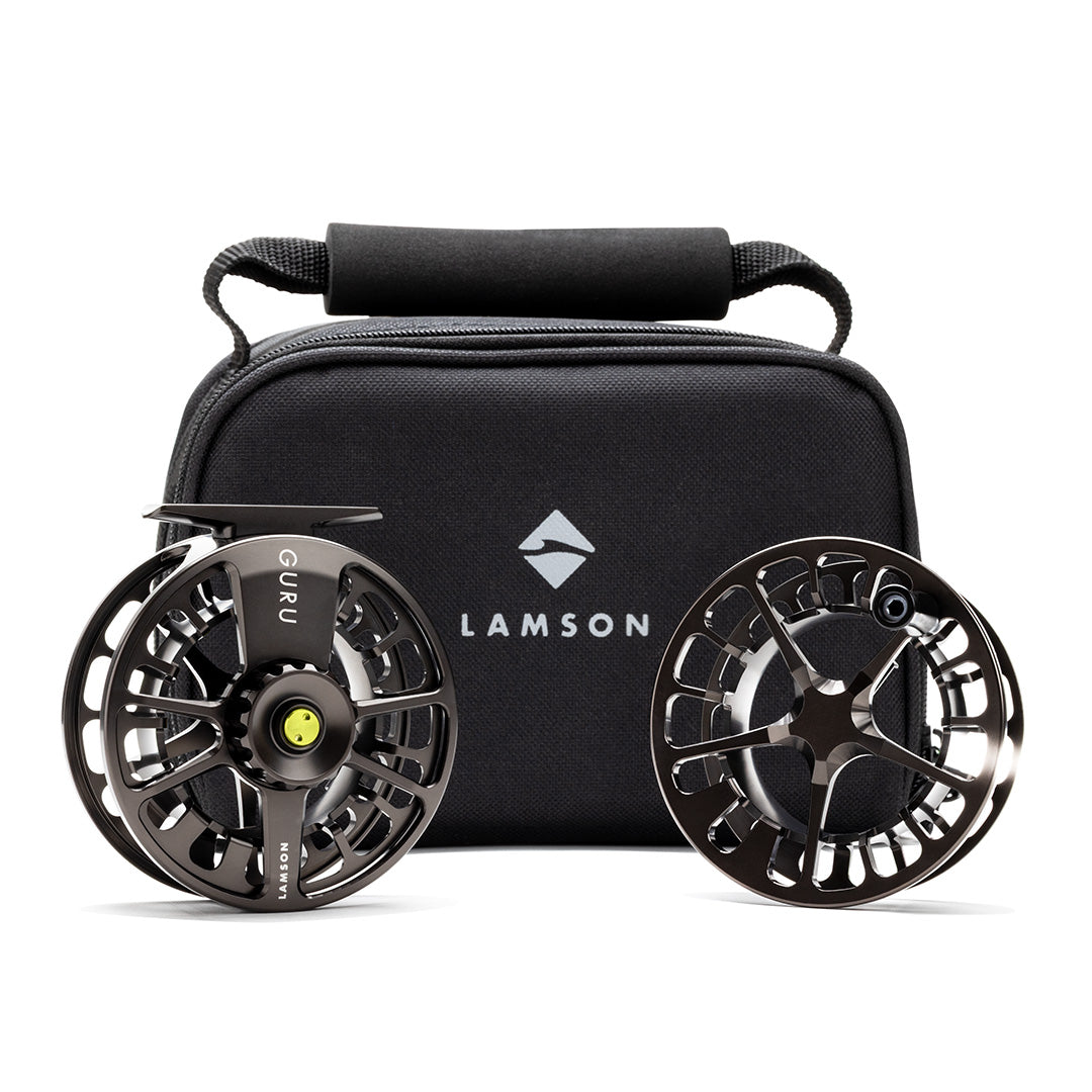 Lamson Guru X black fly reels 2-pack with carrying case and handle strap