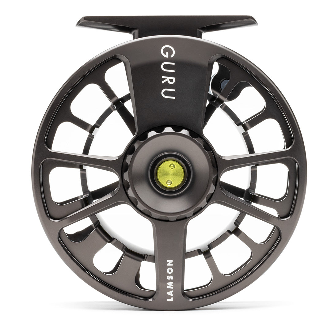 Lamson Guru X charcoal fly reel with large arbor design and lime green click system center, front view