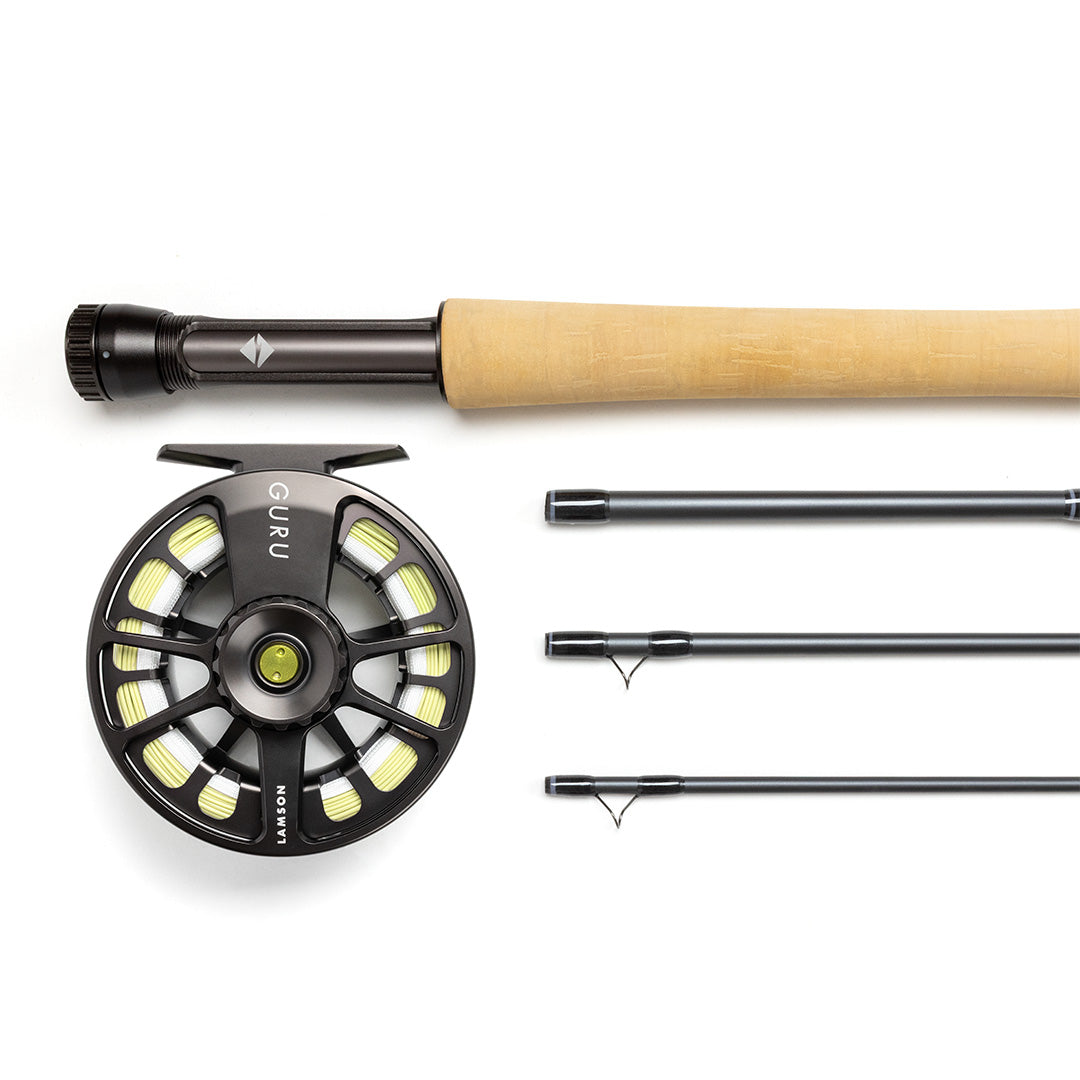 Lamson Guru black fly reel with wooden cork handle rod and graphite rod sections displayed on white background