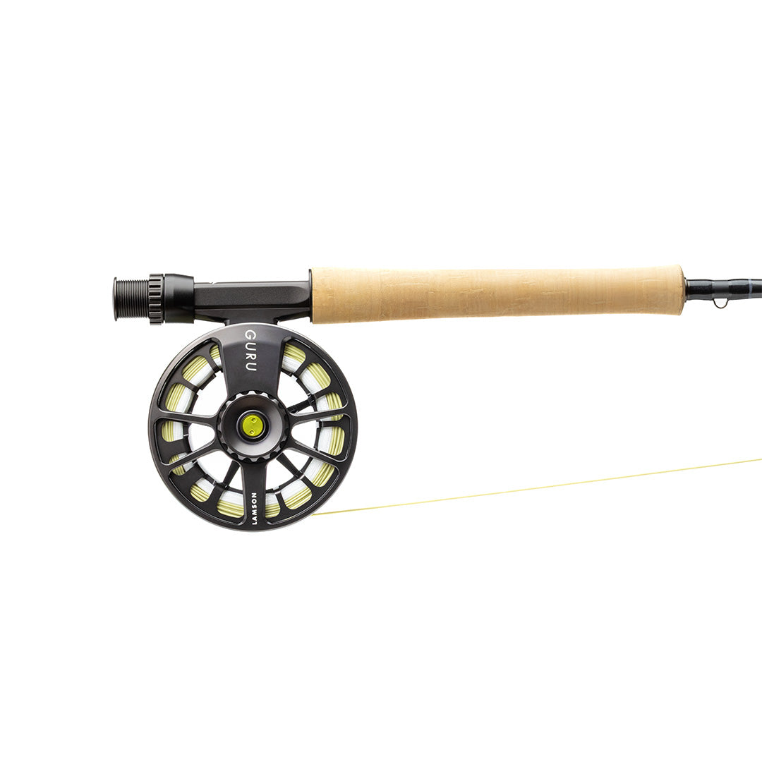 Lamson Guru fly reel with cork handle rod and yellow line, black anodized aluminum reel with yellow accents
