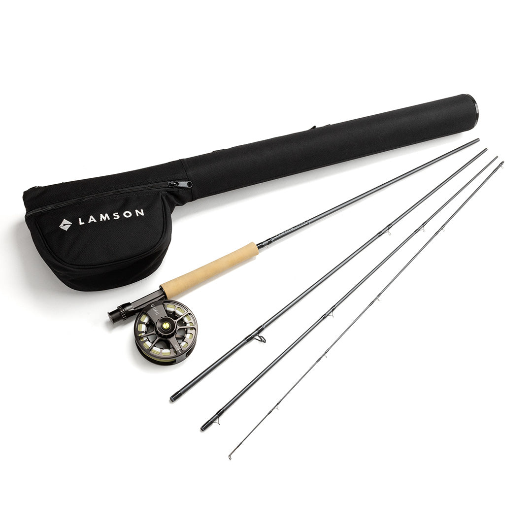 Lamson Guru fly rod outfit with cork handle, interchangeable rod sections, reel, and black carrying case