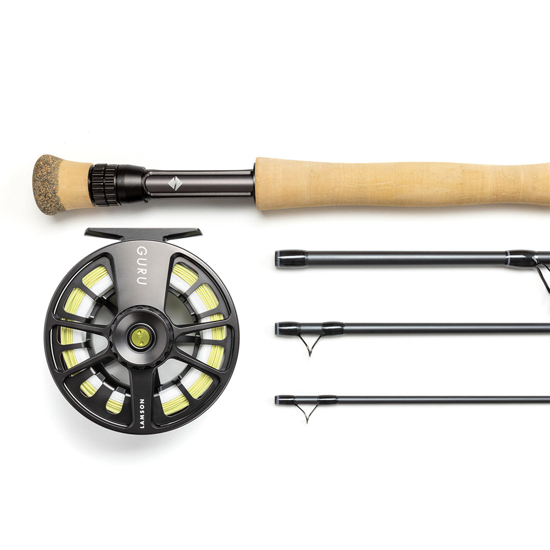 Lamson Guru fly fishing rod outfit with cork handle, black reel with yellow accents, and three interchangeable rod sections