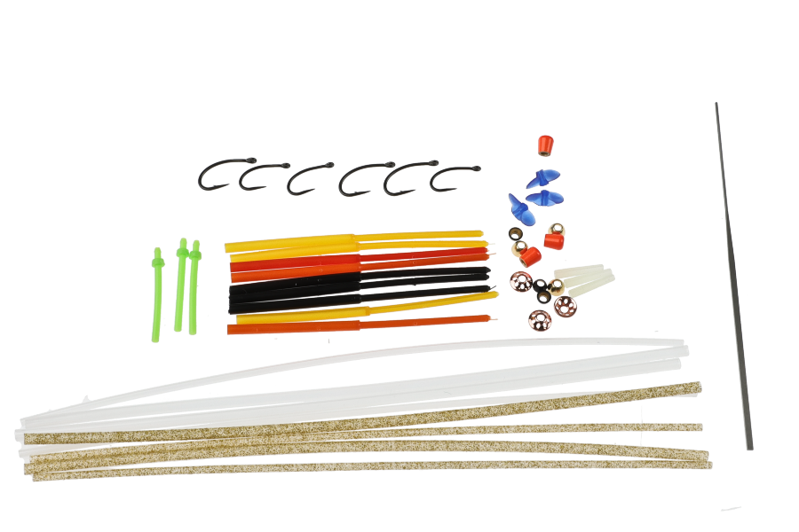 Gaelforce EMT multi tip shooting head kit with colored tip sections, black hooks, clear and gold core strands, and blue and