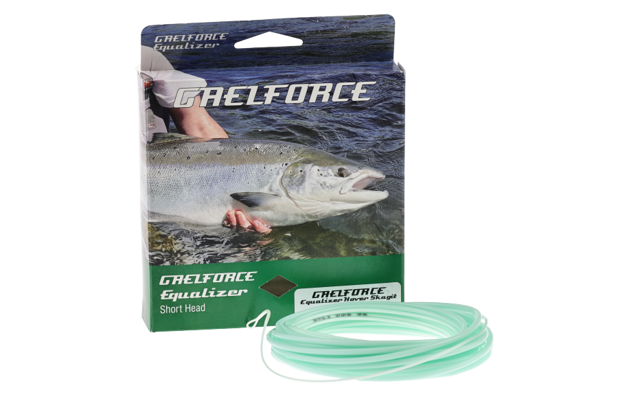 Mint green coiled Gaelforce Equalizer Hover Skagit fly line beside its box featuring a leaping salmon