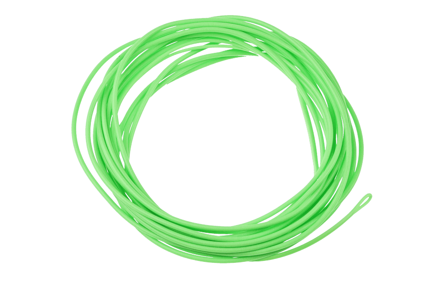 Coiled bright green fly fishing line tip on white background, Gaelforce Equalizer EIT interchangeable sink tip