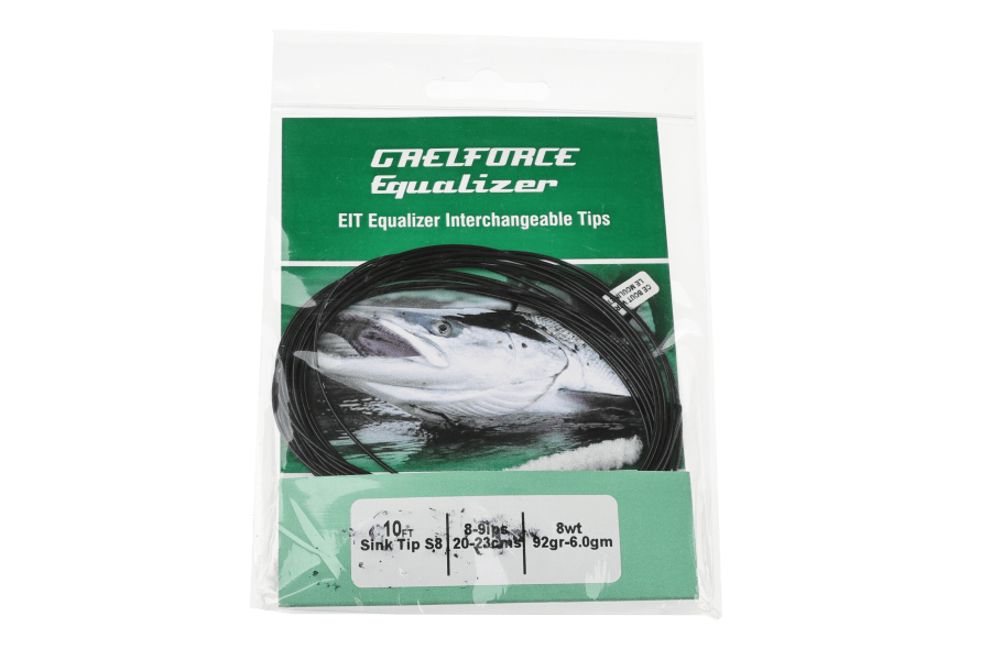 Gaelforce Equalizer 10ft black sink tip fly line in clear packaging with green label and salmon graphic