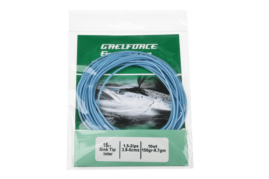 Gaelforce 15ft blue intermediate sink tip fly line coiled in clear packaging with green label and fish graphic