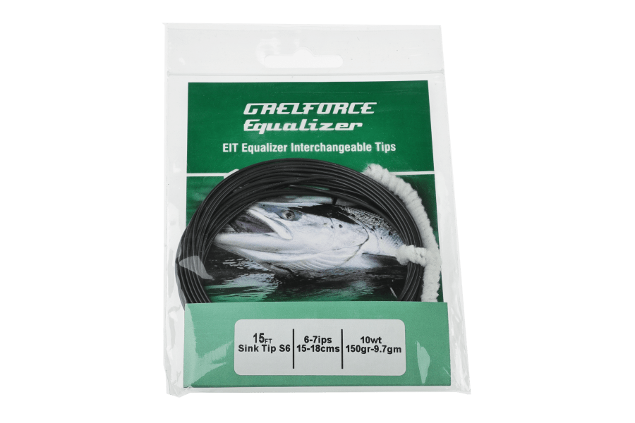 Gaelforce Equalizer 15ft black sink tip fly line in clear packaging with fish graphic and white coiled tip wrap
