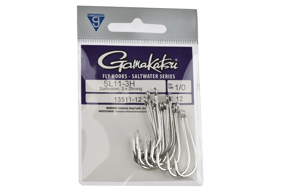Gamakatsu SL11-3H saltwater fly hooks, size 1/0, silver 3x strong hooks visible in clear retail package