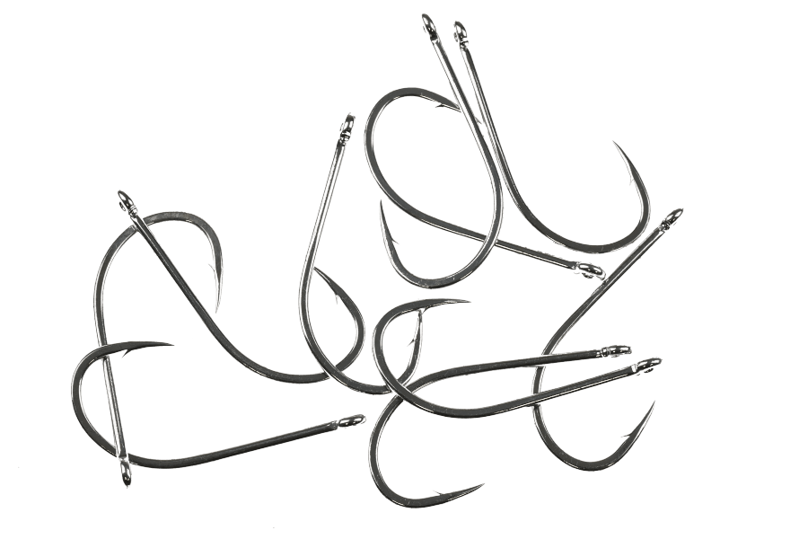 Silver Gamakatsu SL12S big game fishing hooks with long shanks and sharp barbed points, shown on a white background.