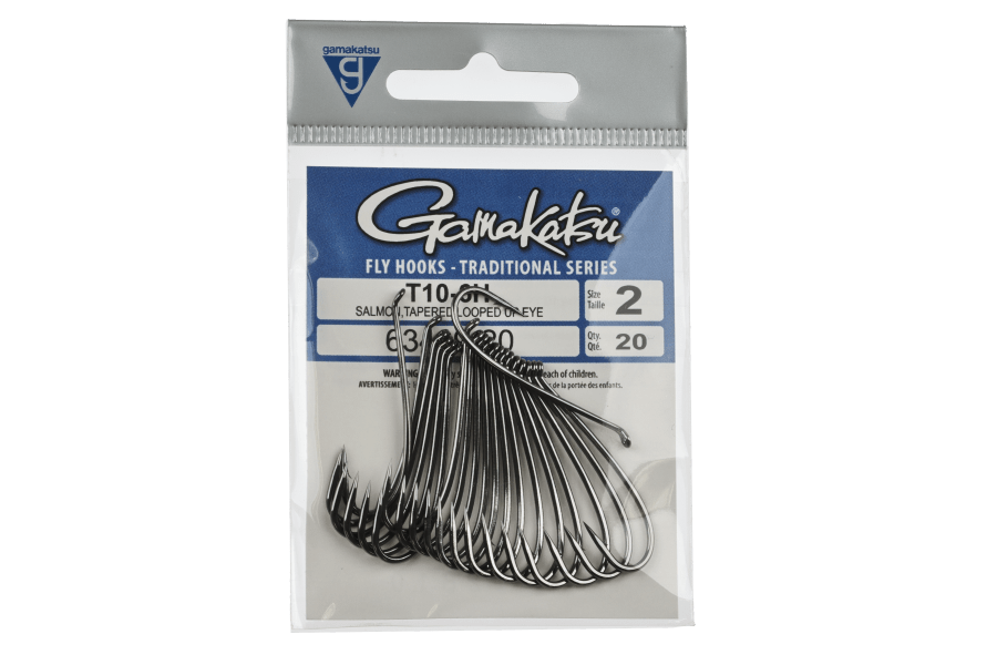 Gamakatsu T10 salmon fly hooks, size 2, black nickel finish, tapered looped eye, in clear retail packaging with blue label