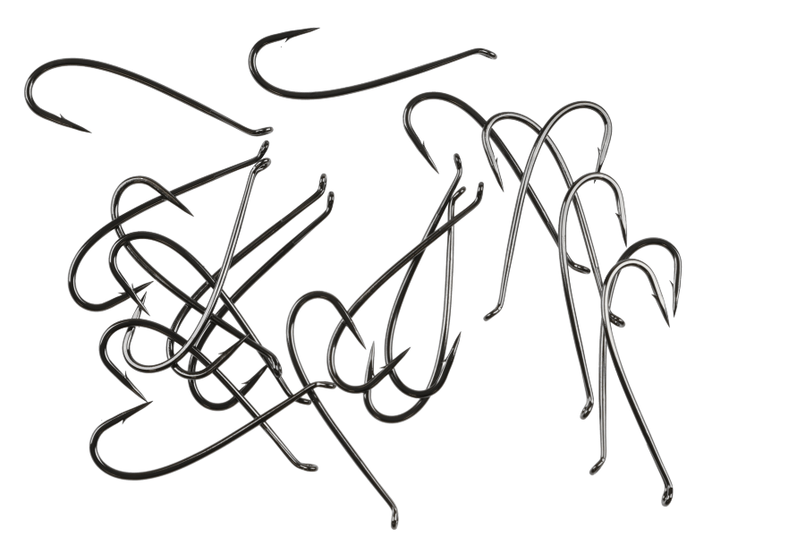 Dark metallic fly tying hooks with tapered loop eyes and barbed points, scattered on a white background, Gamakatsu T10