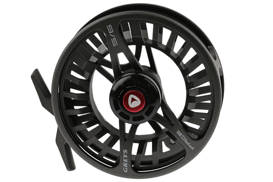 Black Greys Pace 5/6 fly reel with open-frame spool, red-accented drag knob, and matte finish on white background