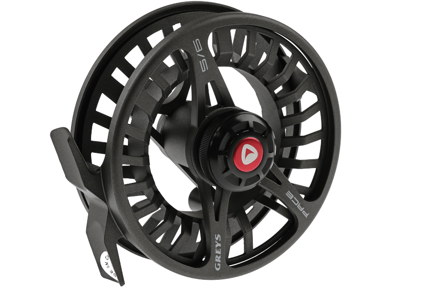 Black Greys Pace fly reel with open ported aluminum frame, red center knob, and 6/7 size markings on a white background