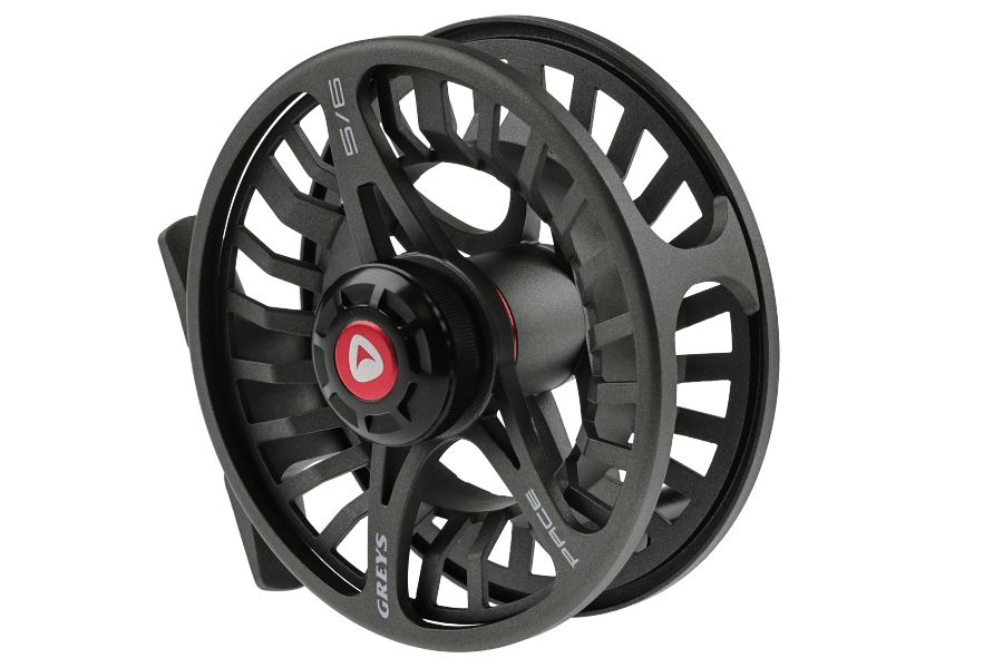 Black Greys Pace 5/6 fly reel with open spool frame, red center knob, and anodized aluminum finish on white background