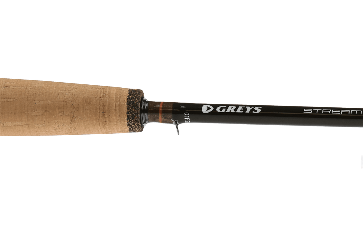 Greys Stream-Flex fly fishing rod with cork handle and black rod blank, detail view