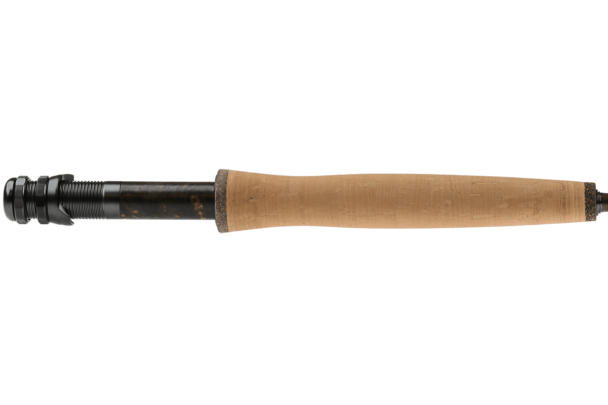 Greys Stream-Flex fly rod with cork handle and black threaded reel seat against white background