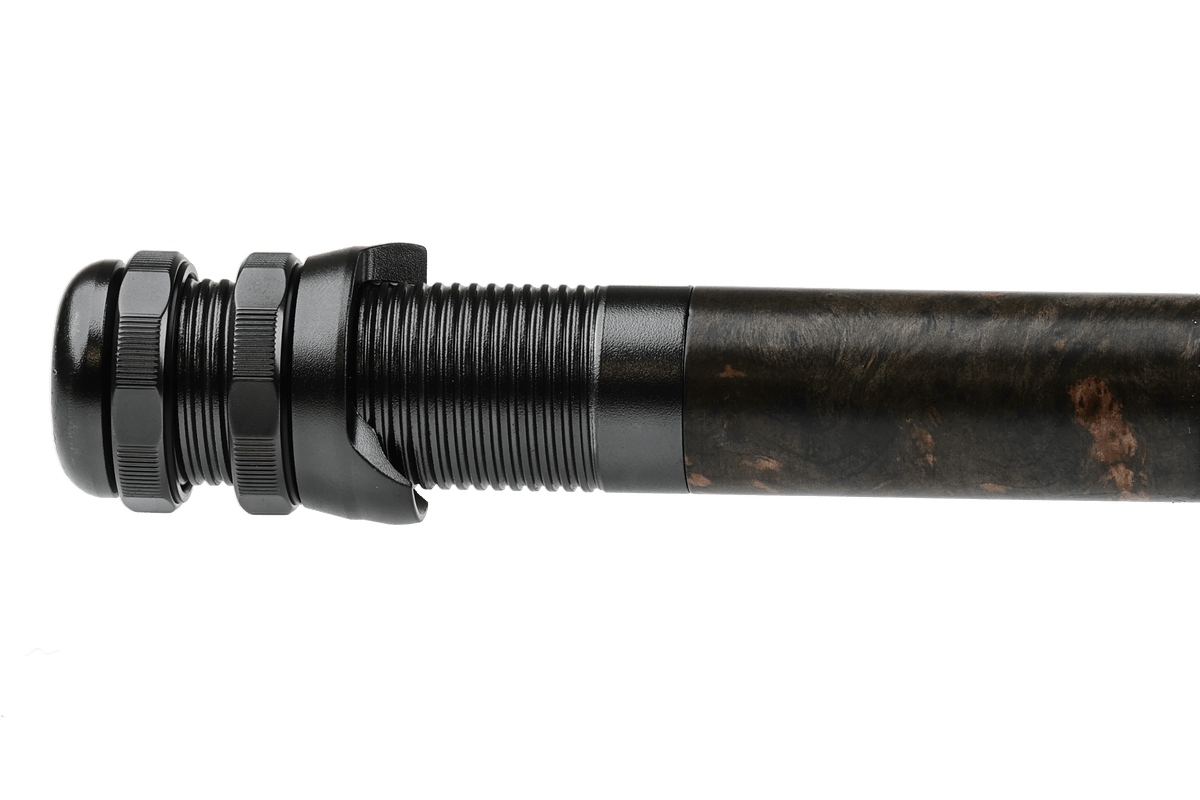 Greys Stream-Flex fly rod ferrule and section detail showing black finish with threaded connectors and weathered barrel