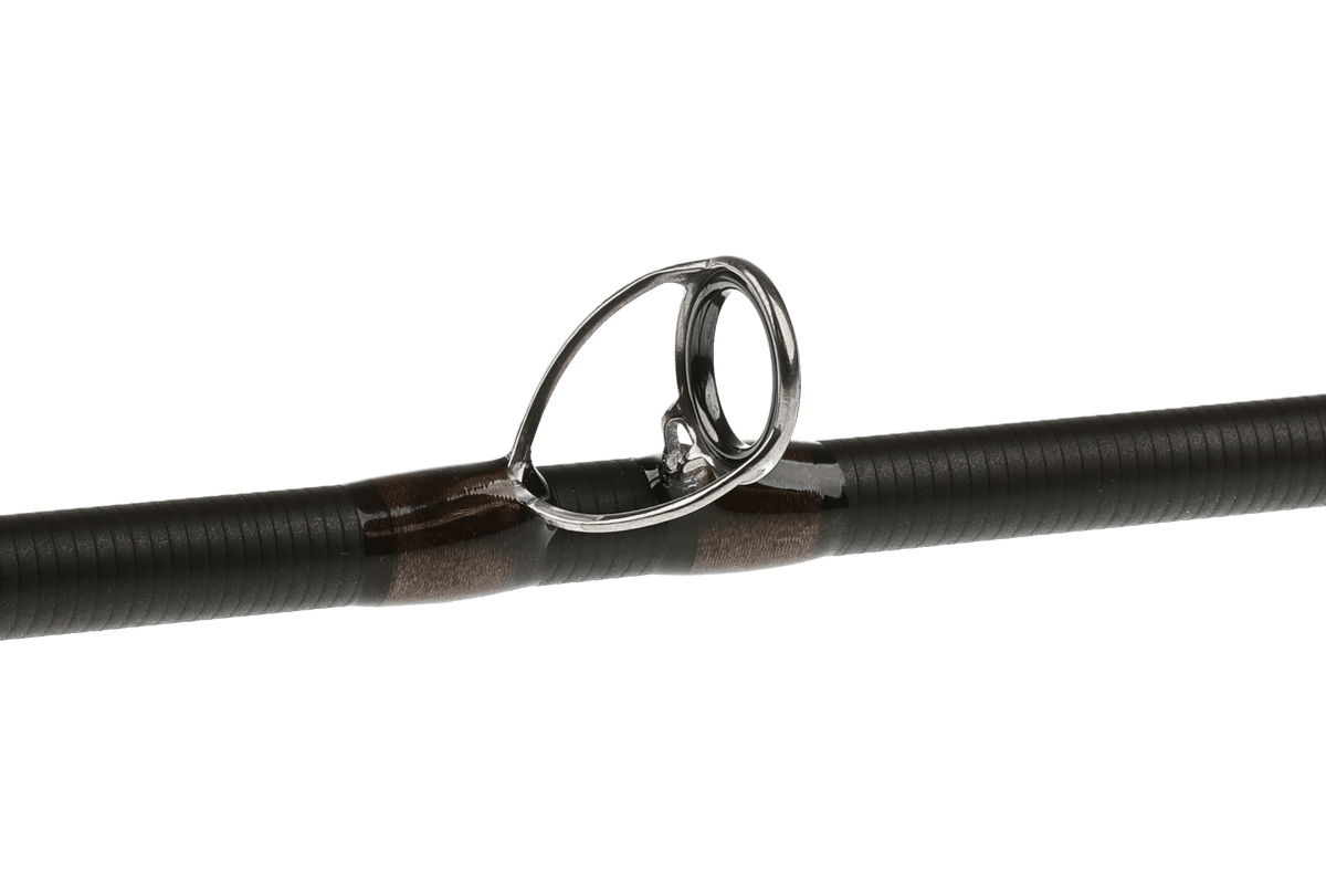 Greys Stream-Flex fly rod with chrome guide ring on black textured handle against white background