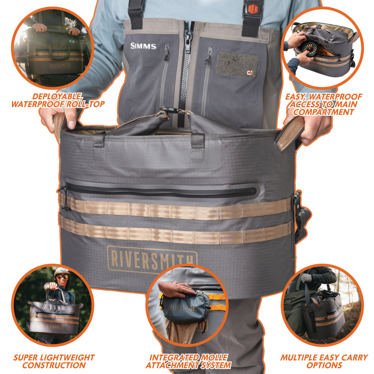 Riversmith Hauler waterproof tote bag with deployable roll-top, tan straps, and multiple carry options displayed with