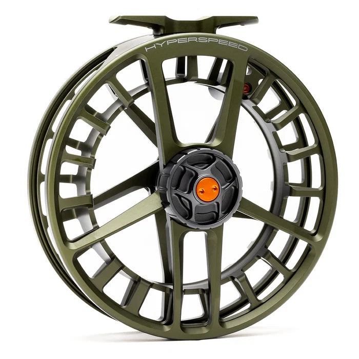 Lamson Hyperspeed F olive green fly reel with black center arbor and orange accent detail, featuring large rectangular