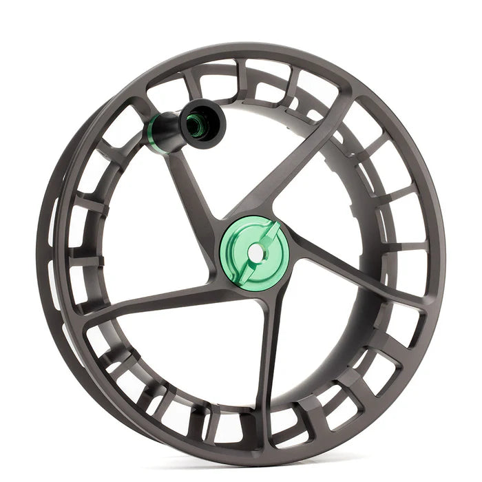 Lamson Hyperspeed M spare spool, gray machined aluminum skeleton design with green anodized hub and drag knob, fly reel