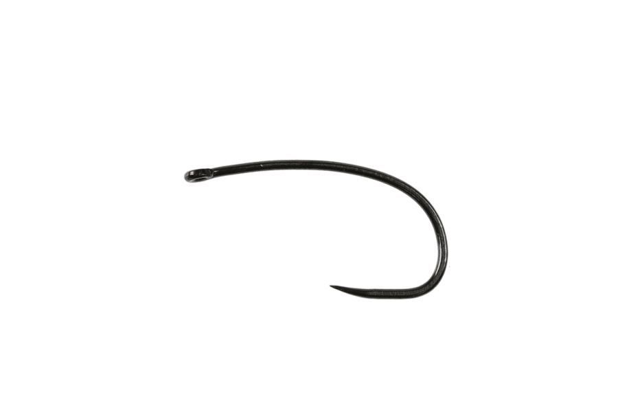 Black curved fly tying hook with a small eye and sharp point on a white background, Hanak 530BL pupa hook