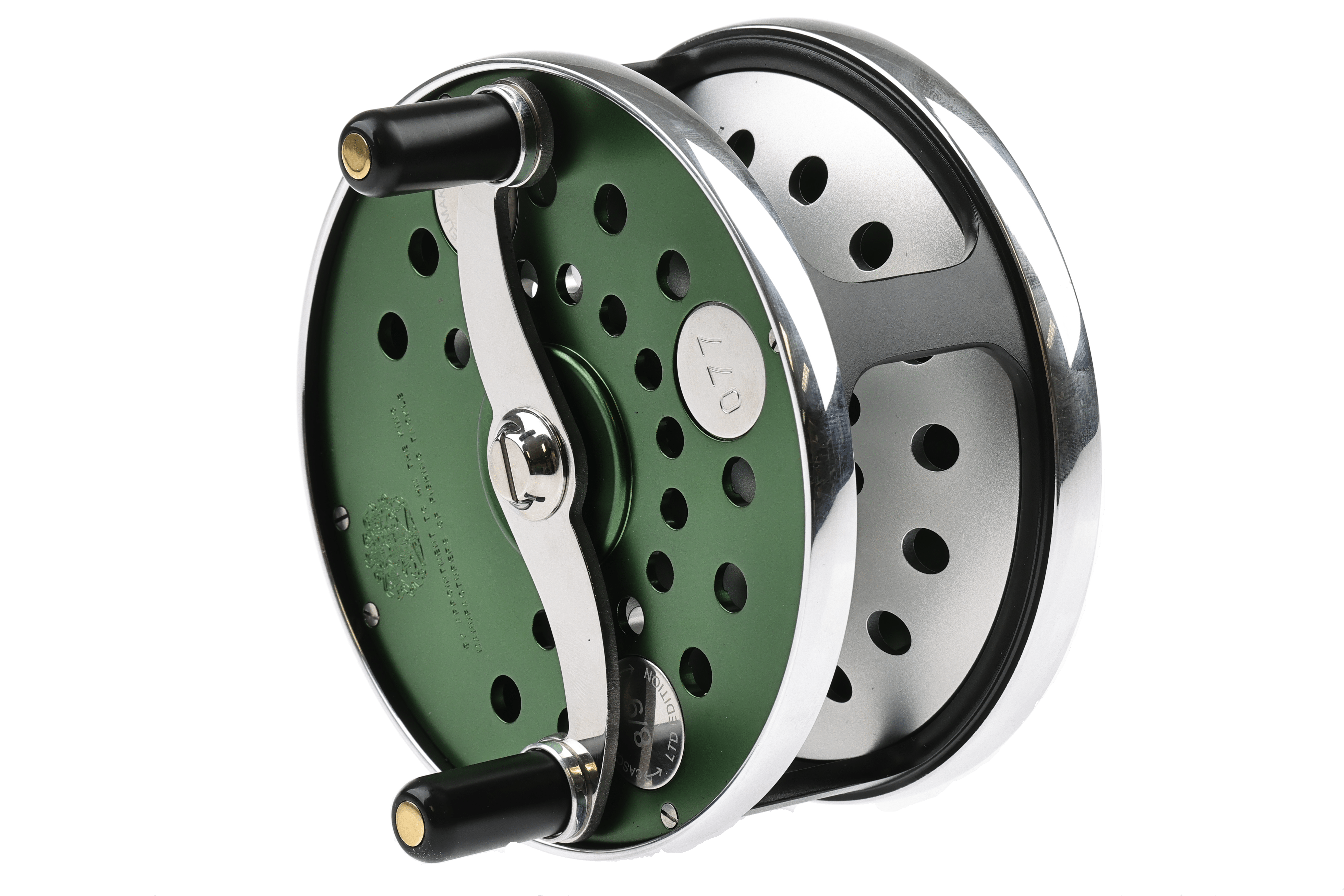 Hardy Cascapedia MKV limited edition green anodized aluminum fly reel with polished chrome rims and black plastic handles