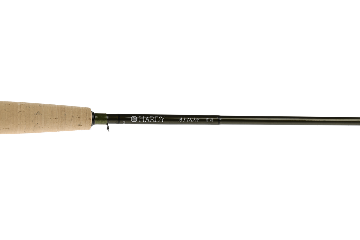 Hardy Aydon fly rod with cork handle and dark olive blank, professional fishing rod displayed against white background