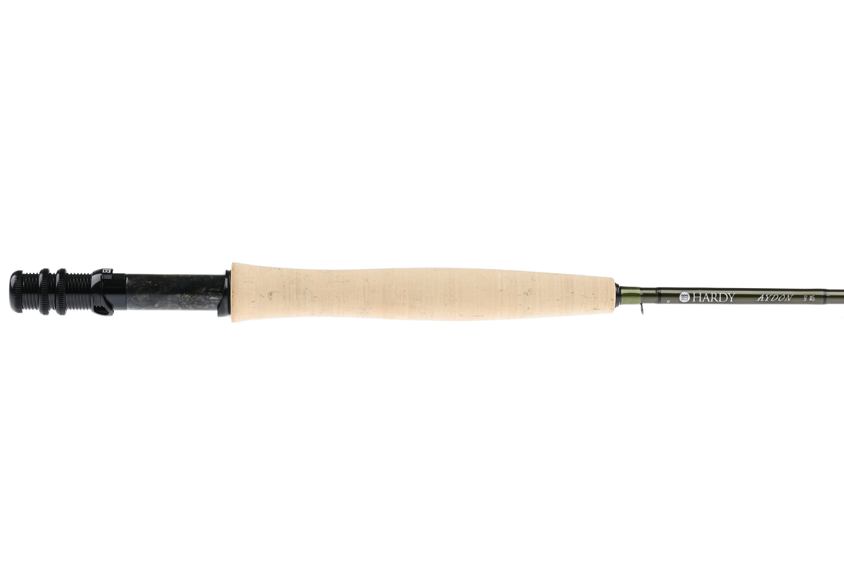 Hardy Aydon fly rod with cork handle and black reel seat against white background
